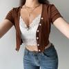 Y2K koronkowe wykończenia przycięte topy brązowy bawełniany t-shirt z guzikami z krótkim rękawem dekolt w serek Retro Harajuku Basic Casual Cardiagn Women Tee