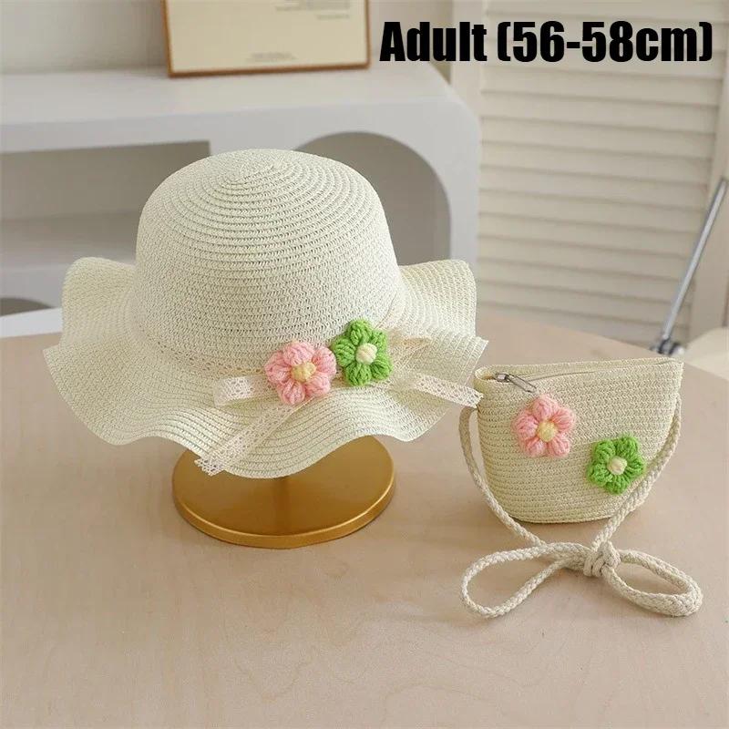Summer Straw Hat and Bag Set for Girls 3D Flower Lace Bow Wide Brim Fisherman Cap and Crossbody Bag Cute Children's Sun Hat