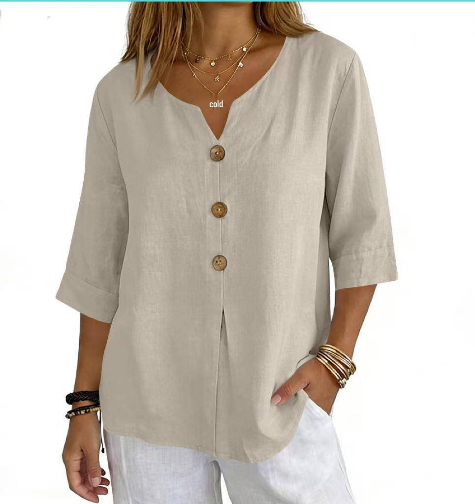 2026 Cotton Linen Three-Quarter Sleeve Button-Down Casual Loose Top Solid Color Shirt