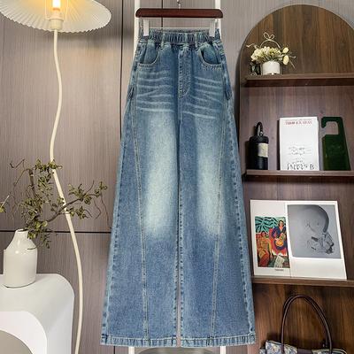 DIMANAF 2025 Plus Size Autumn Blue Basic Elastic Jeans Women Loose Denim Wide-leg Pants Big Casual Pants 6XL