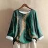 Women's Fashionable And Casual Shirt Long-sleeve Round Neck Print Cotton And Linen Blouse Top