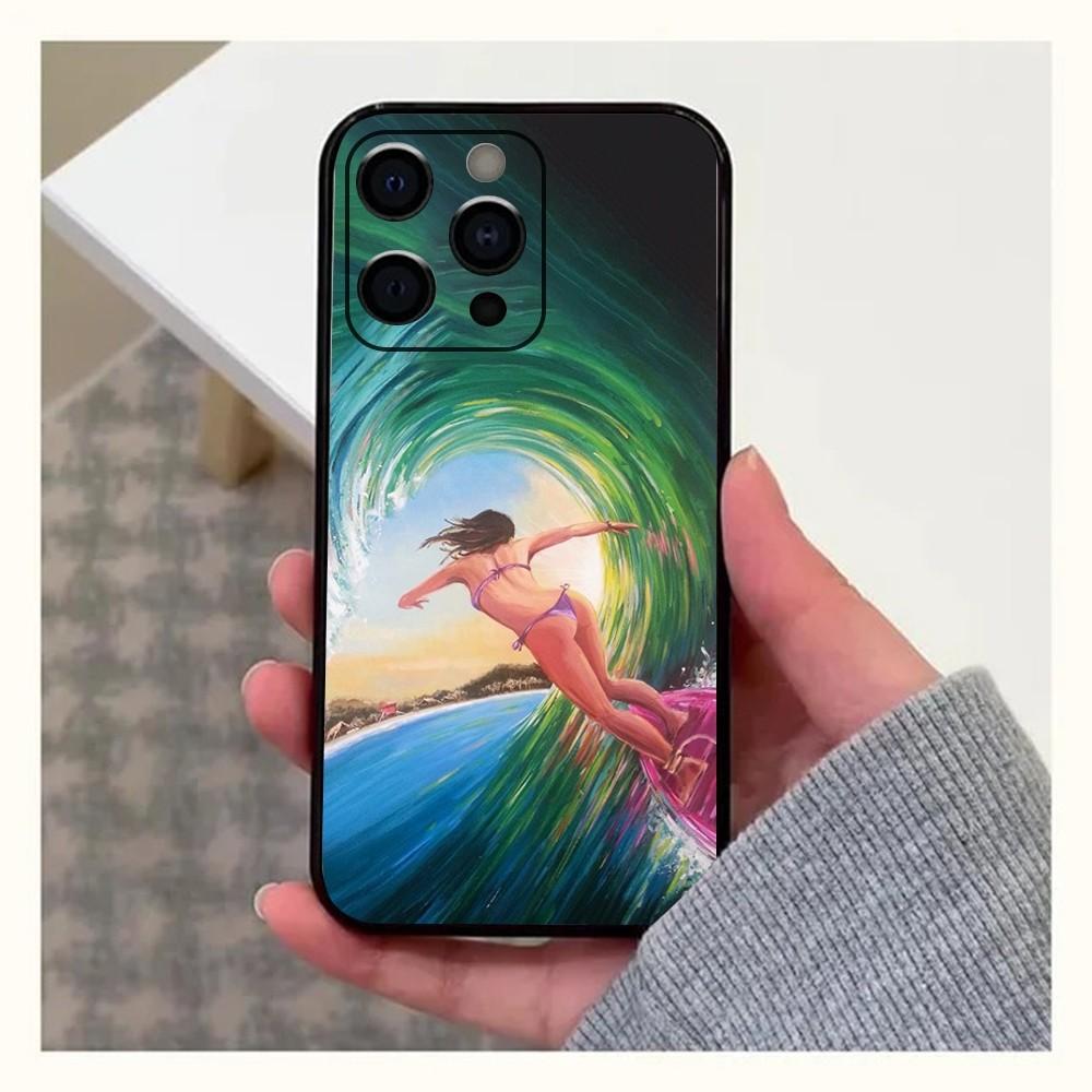Surfboard Surfing Art Surf Girl  Phone Case For Apple iPhone 15,14,13,12,11,Pro,X,XS,Max,XR,Plus,Mini Soft Black Cover