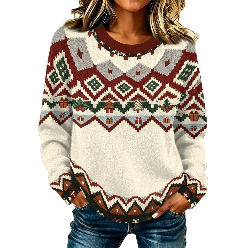 Women's Casual Long Sleeve Christmas Print Neck Knit Sweater