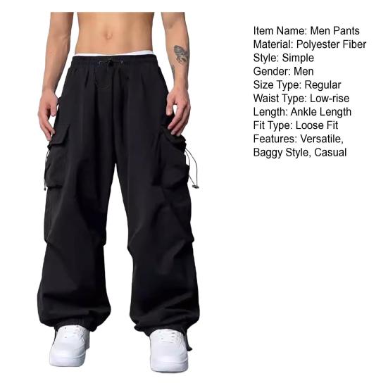 Men Casual Cargo Pants Hip Hop Baggy Trousers with Pockets Low-Rise Elastic Waist Drawstring