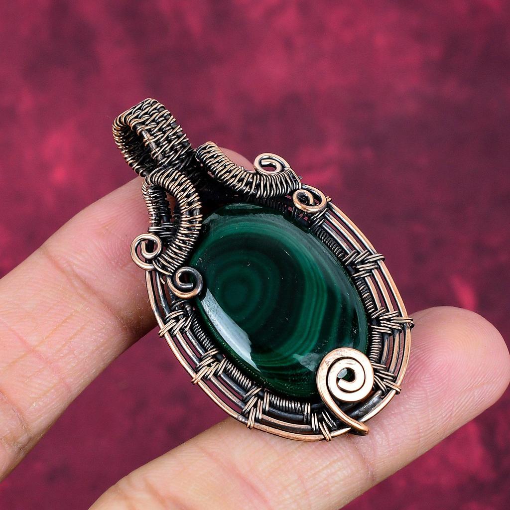 Malachite Gemstone Pendant Copper Wire Wrapped Handmade Pendant Antique Jewelry