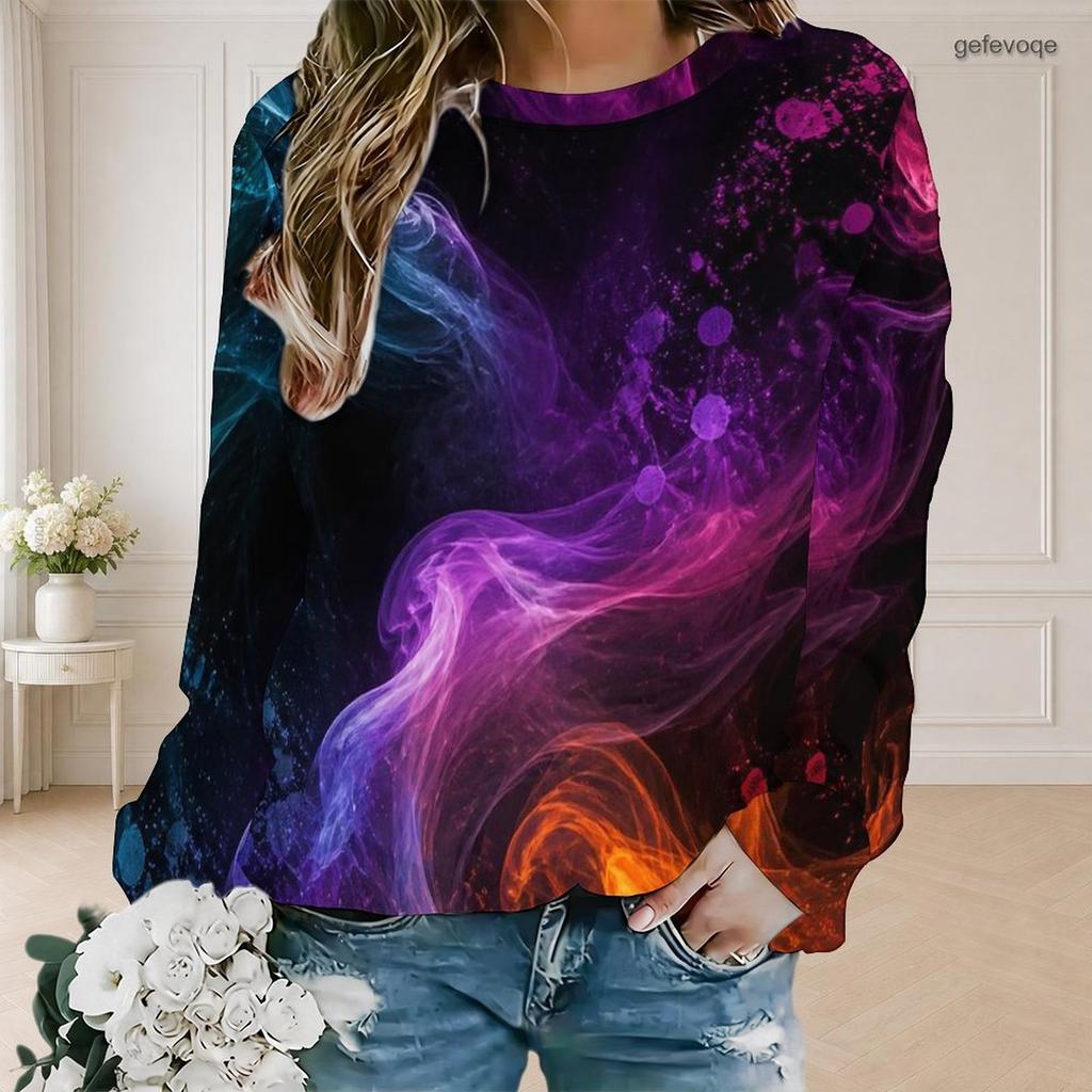 Women Plus Size Round Neck Long Sleeve Ribbed Cuffs Galaxy Nebula Print Sweatshirt