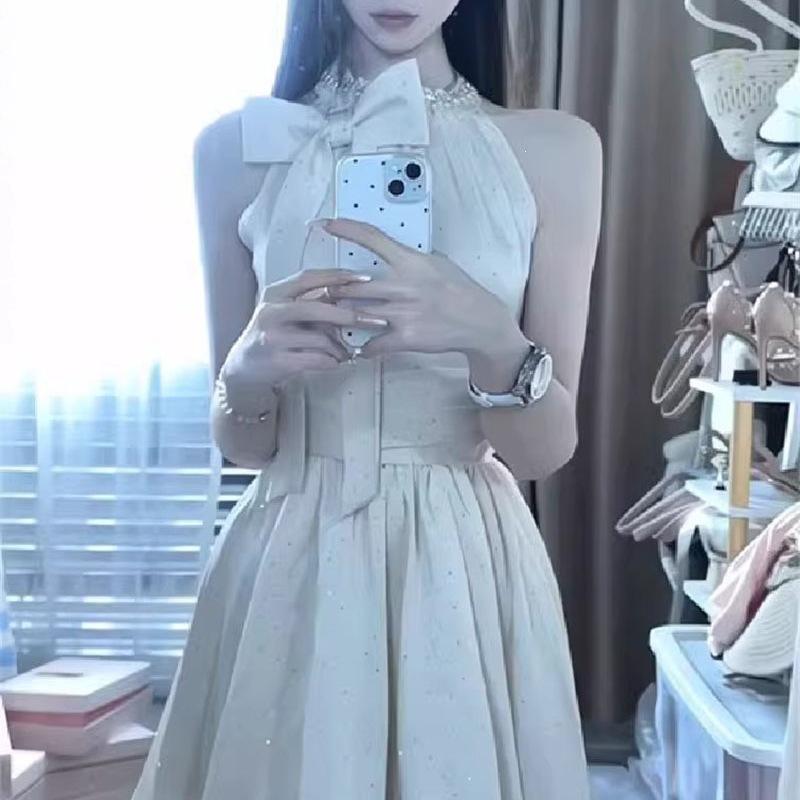 Rich Family Daughter Wind Hot Diamond Sleeveless Celebrity Bow Neck Dress Women's Summer Temperament Waist A Word Short Skirt