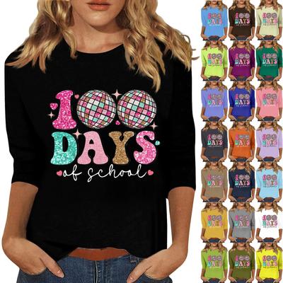 Women's Fashion Casual Seven-quarter Sleeve 100 Days Of School Anniversary Printed Round Neck T-shirt Tops
