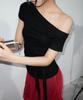 CHICKS Drape Strap One-Shoulder Short Sleeve Black
