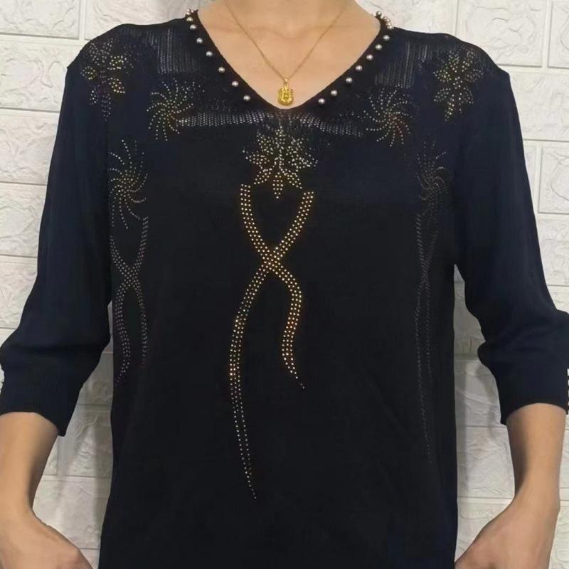 Fashion Knit Top 3/4 Sleeve Mom Wear Lace Up Crystal Pullover Blouse Women