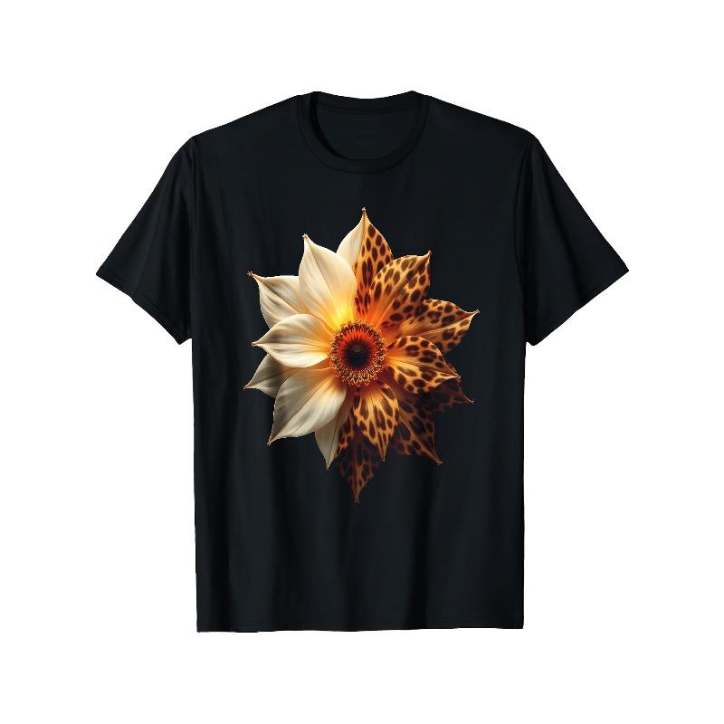

European Size Women S Plus Size Black Leopard Print and Beige Dahlia Print Short-Sleeve T-Shirt Crew Neck Simple Design Casual S чёрный