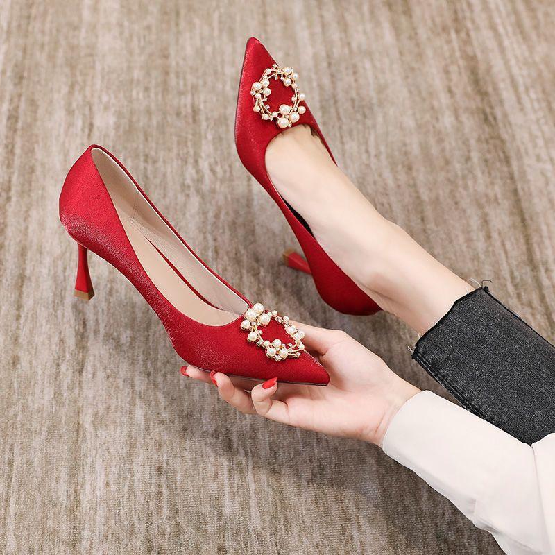 Bride thin heel pointed wedding shoes women's 2025 new show He red high heels women's pearl rhinestone single shoes women