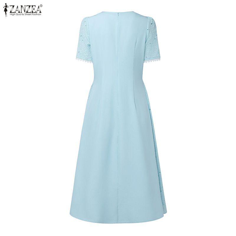 ZANZEA Women Casual Turn Down Collar Summer Patchwork Crochet Short Sleeve Dress