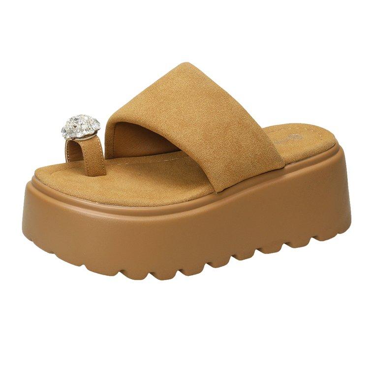 Fashion 8CM Women High Platform Slippers Summer Rhinestone Beach Flip-Flops Ladies Wedge Heels Flock Shoes Woman Outside Chunky Sandals