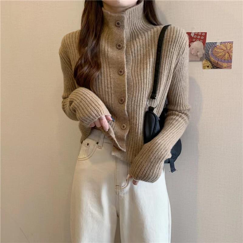 Elegant Stand Collar 100% Wool Knitted Cardigan - Slimming Long Sleeve Sweater Coat for Autumn & Winter