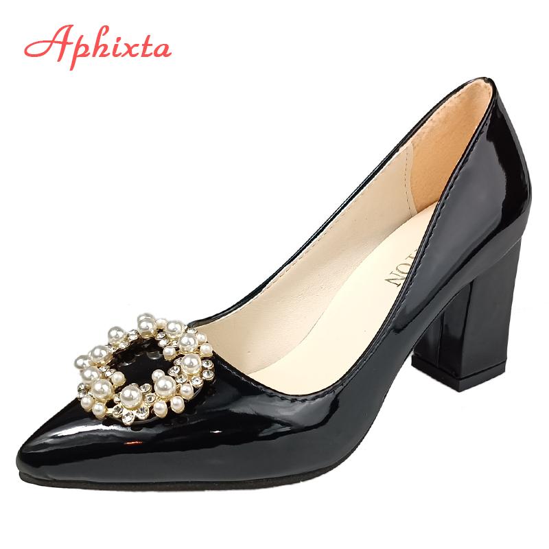 Fashion Aphixta New 7cm Square Heel Baby Pink Pearl Crystals Buckle Patent Leather Women Pumps Officile Pointed Toe Shoes Big Size 35-53