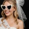 Bride Bachelorette Party Accessories 3 Pcs,Bride To Be Sash,White Veil,Pearl Heart Sunglasses for Bridal Wedding Favors Gifts (White)