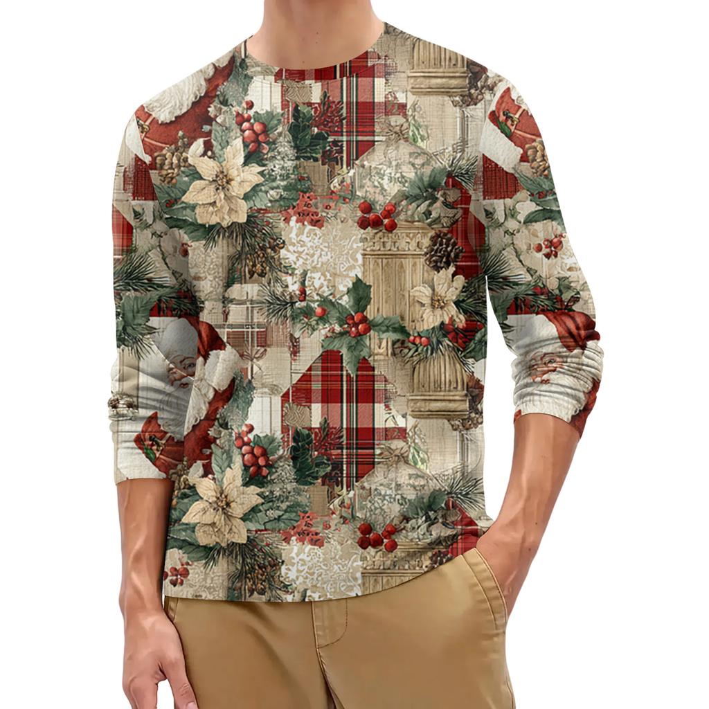 Men's Fashion Printed Round Neck Long Sleeve Bottoming Shirt Top