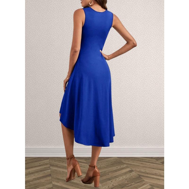 Solid Color Round Neck Sleeveless Pullover Midi Dress For Women Casual Commuting