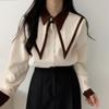 French Women's Shirt Patchwork Design Ladies Long Sleeved Blouse Loose and Versatile Bubble Sleeve Cardigan Top