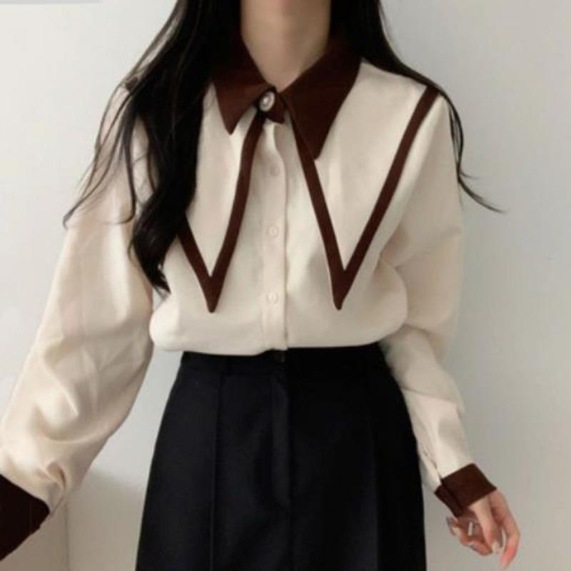 French Women's Shirt Patchwork Design Ladies Long Sleeved Blouse Loose and Versatile Bubble Sleeve Cardigan Top