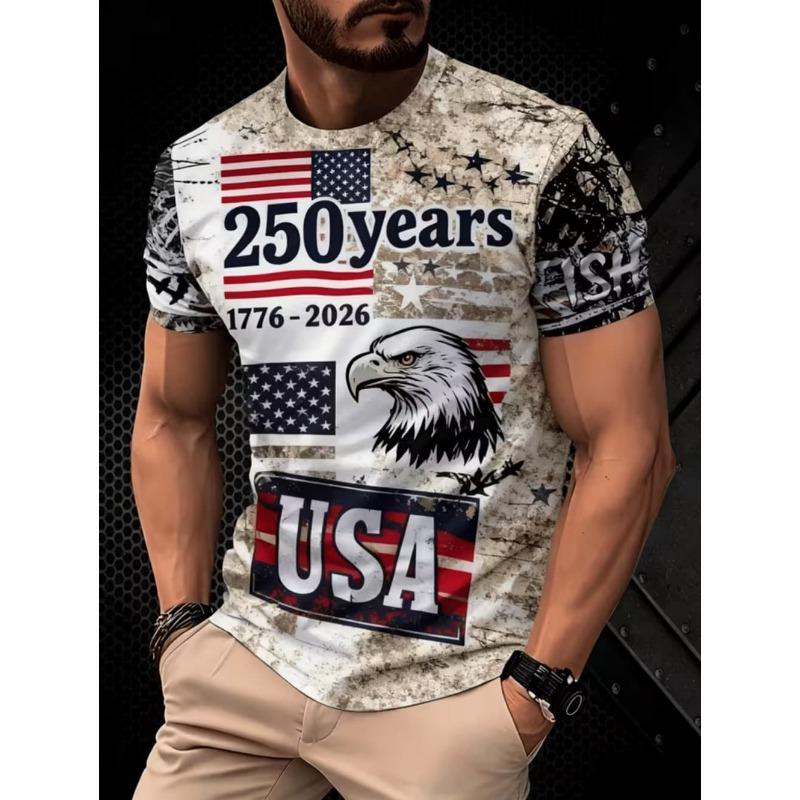 Summer Men's T-Shirt USA 250th Anniversary Eagle 3D Print Short Sleeve Top Quick Dry Vintage T-Shirt Men's O-Neck Pullover Tops