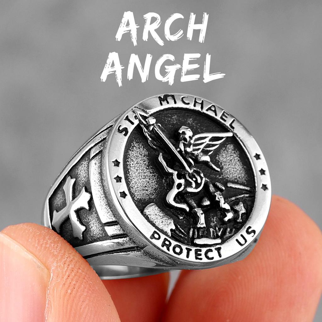 Archangel Saint Michael Exorcism Stainless Steel Mens Rings Punk Amulet for Male Boyfriend Jewelry Creativity Gift Wholesale