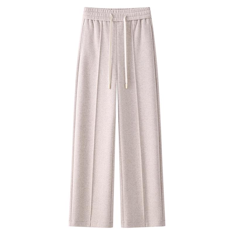2024 New Beige Wool Blend Women's Wide-Leg Pants - Autumn/Winter Casual Straight-Leg Style