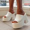 Fashion Eilyken New Brand White Chunky Heeled Mules High Heels Slippers  For Women Sexy Party Platform Heel Sandals Shoes size 43