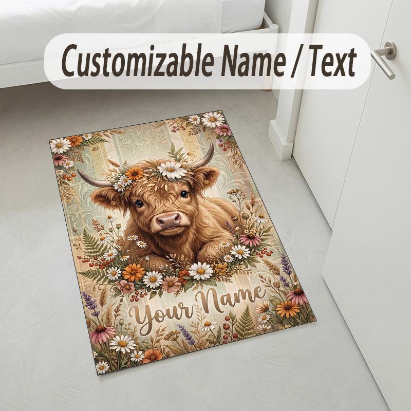 Cow Highland Theme Crystal Velvet Rug Personalized Custom Name Text Soft Floor Mat Home Decor