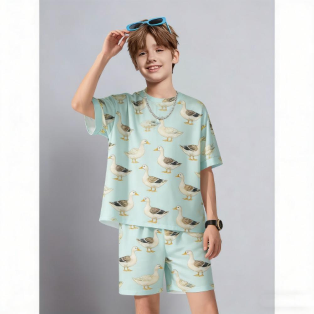 Summer Kids Set Fun Animal Duck Printed Kids T-shirt and Shorts 2 Piece Set Summer Casual Outdoor Boys and Girls Outfit Kids Clothing