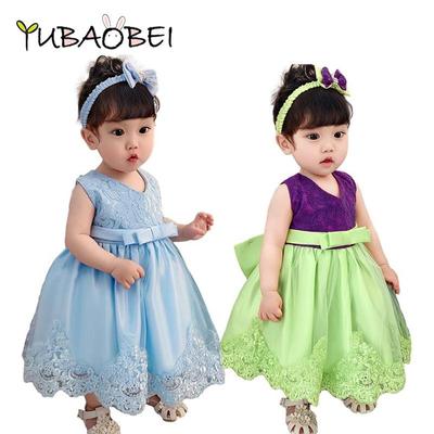 Girls Princess Dress Bow Headband Children Solid Sleeveless Lace Tutu Wedding Party Kids Christening Gown Princess Dresses