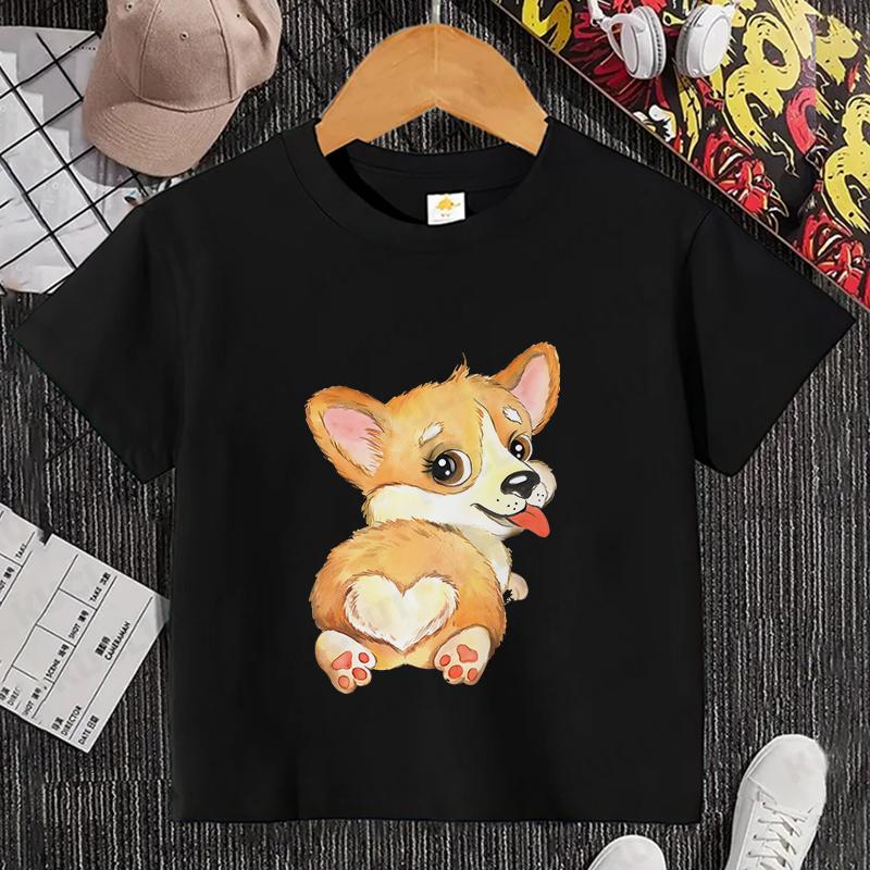 Sommer Kinder Top Corgi Print Kinder Kurzarm T-Shirt Mädchen Geburtstags T-Shirts Jungen Kleidung Lässiges O-Ausschnitt Shirt für Kind