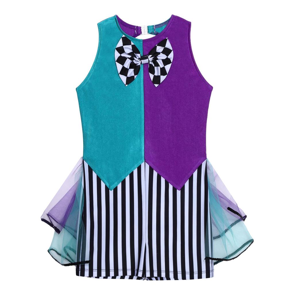 Girls Mad Costume: Sleeveless Stripes Checkerboard Bow Knot Tutu Bodysuit for Fairytale Tea Party Dress Up
