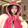 Korean Style Print Bow Hat Scarf Winter Warm Fleece Lined Cute Women Beanie Neck Warmer Integrated Fashion Accessory