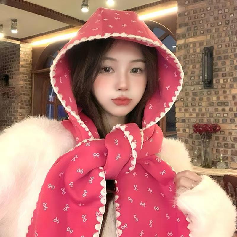 Korean Style Print Bow Hat Scarf Winter Warm Fleece Lined Cute Women Beanie Neck Warmer Integrated Fashion Accessory