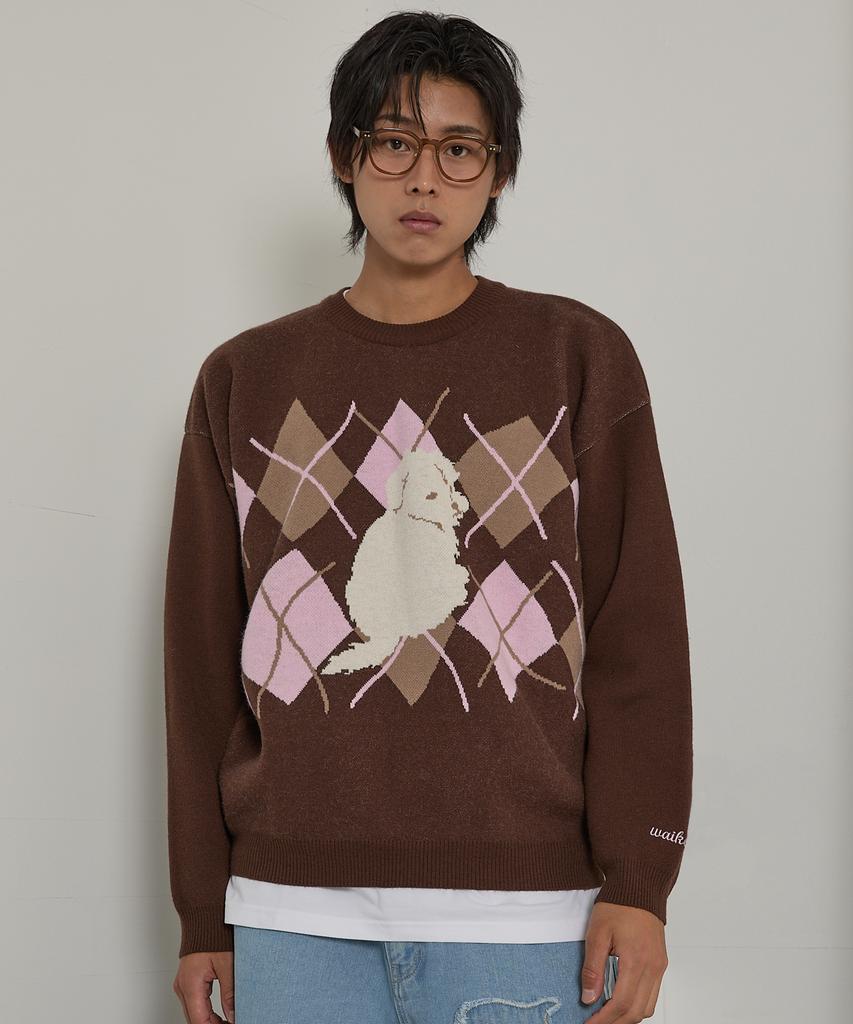 WAIKEI Maltese Argyle Crewneck Knit Brown