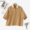 Women Splice Turn Down Collar Loose Short Sleeve Blouse