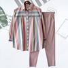 2Pcs/Set Lapel Long Sleeve Single Breasted Mid-rise Pockets Casual Outfit Striped Print Shirt Solid Color Pants Set