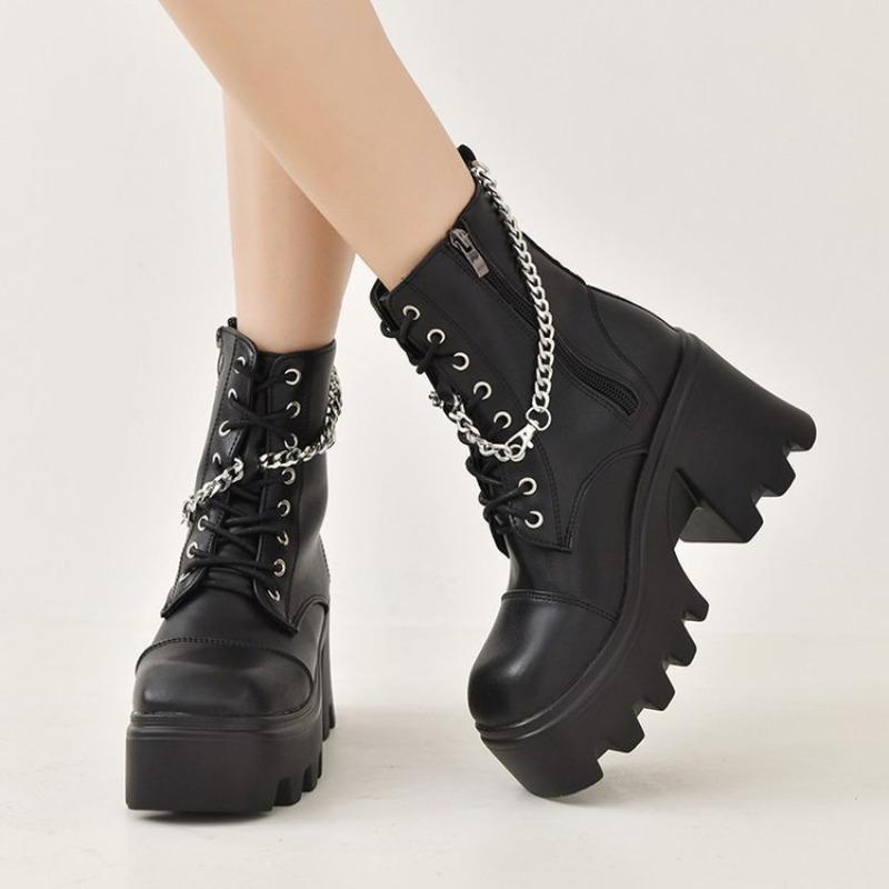 Outer size large size short boots women's autumn new thick-soled thick heel lace-up short boots women's explosion