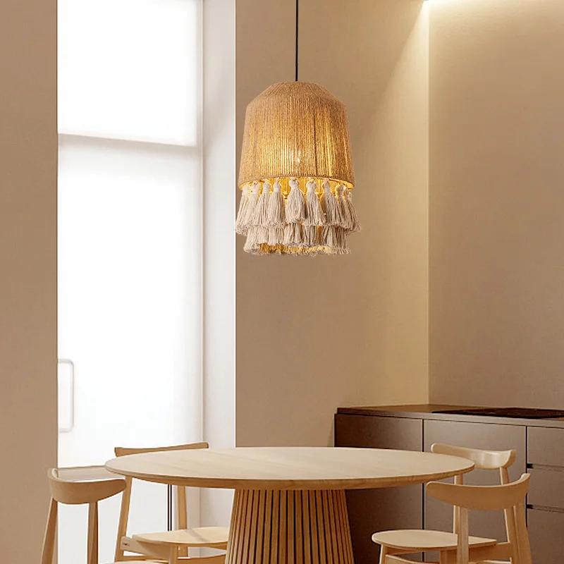 Bohemian Retro Hemp Rope Tassel Bedside Pendant Light Creative Design Hanging Lampshades for Bedroom Balcony Decorative Lighting