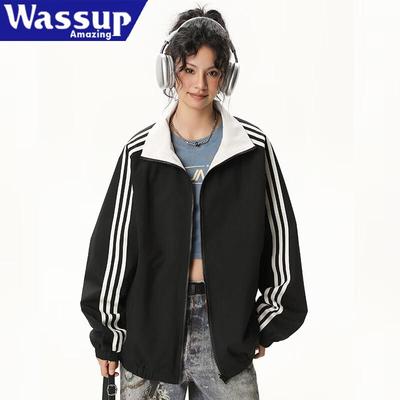 WASSUP FANTASTISCHE Damen Wendejacke mit Streifen und Stehkragen