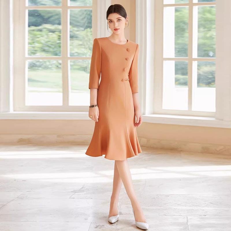 

AD Unique Women s Orange Skin-Whitening Slimming Fishtail Wrap Dress with Round Neck S