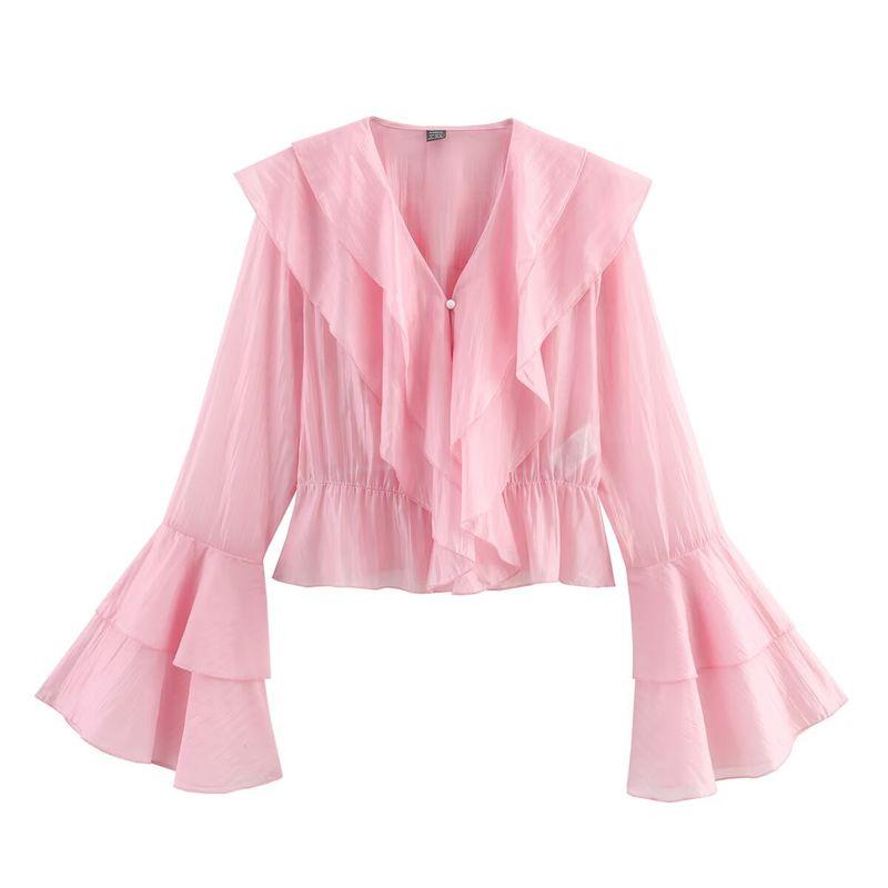 Kaslead New Arrival Women's Clothing Fashion Style Fashion Simple All-Match Long Sleeves Multi-Layer Ruffles V Neck Tops