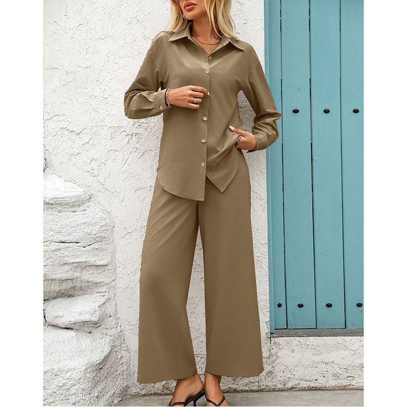 Fashion Fall Lapels Single Breasted Solid Color Loose Long Sleeves Cardigan Shirt Elastic Waist Pants Casual Two-Piece Suit