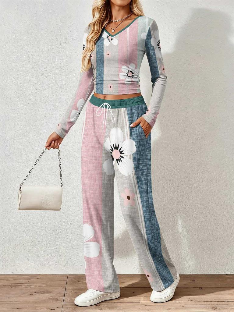 Floral pattern printed women's V-neck long-sleeved trousers set Comfortable casual versatile slim two-piece set