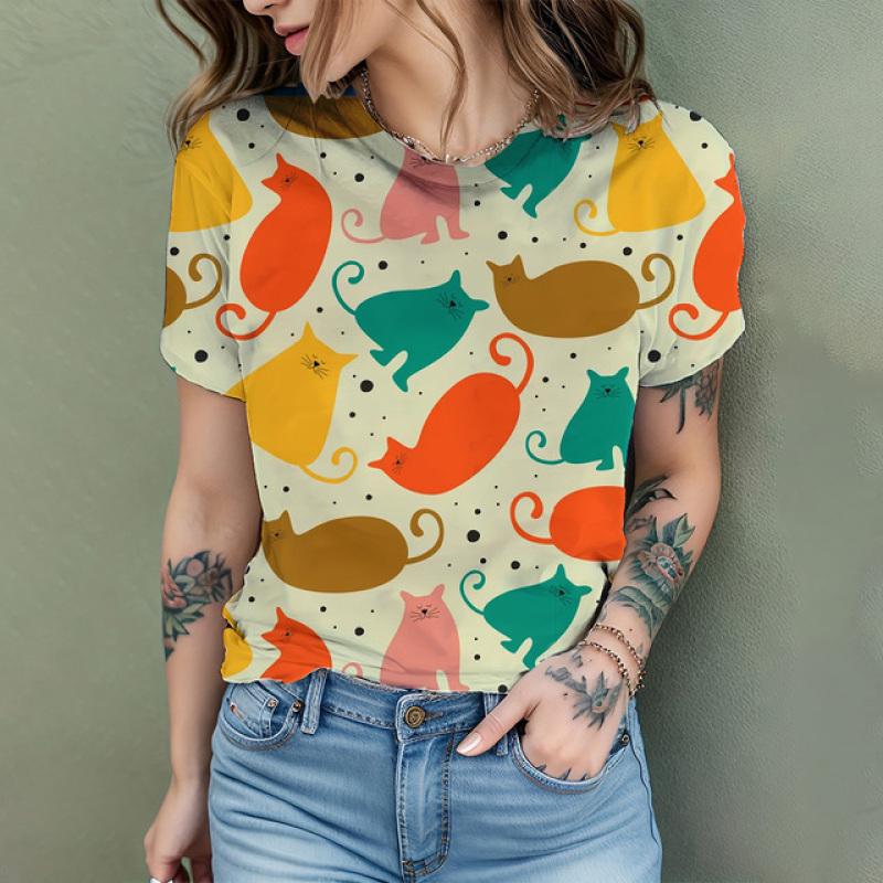 Summer Women's T Shirt Anime Cat 3D Print Women's Fashion Short Sleeve Fun Kawaii Animal Pattern T Shirt Women's T Shirt Kids
