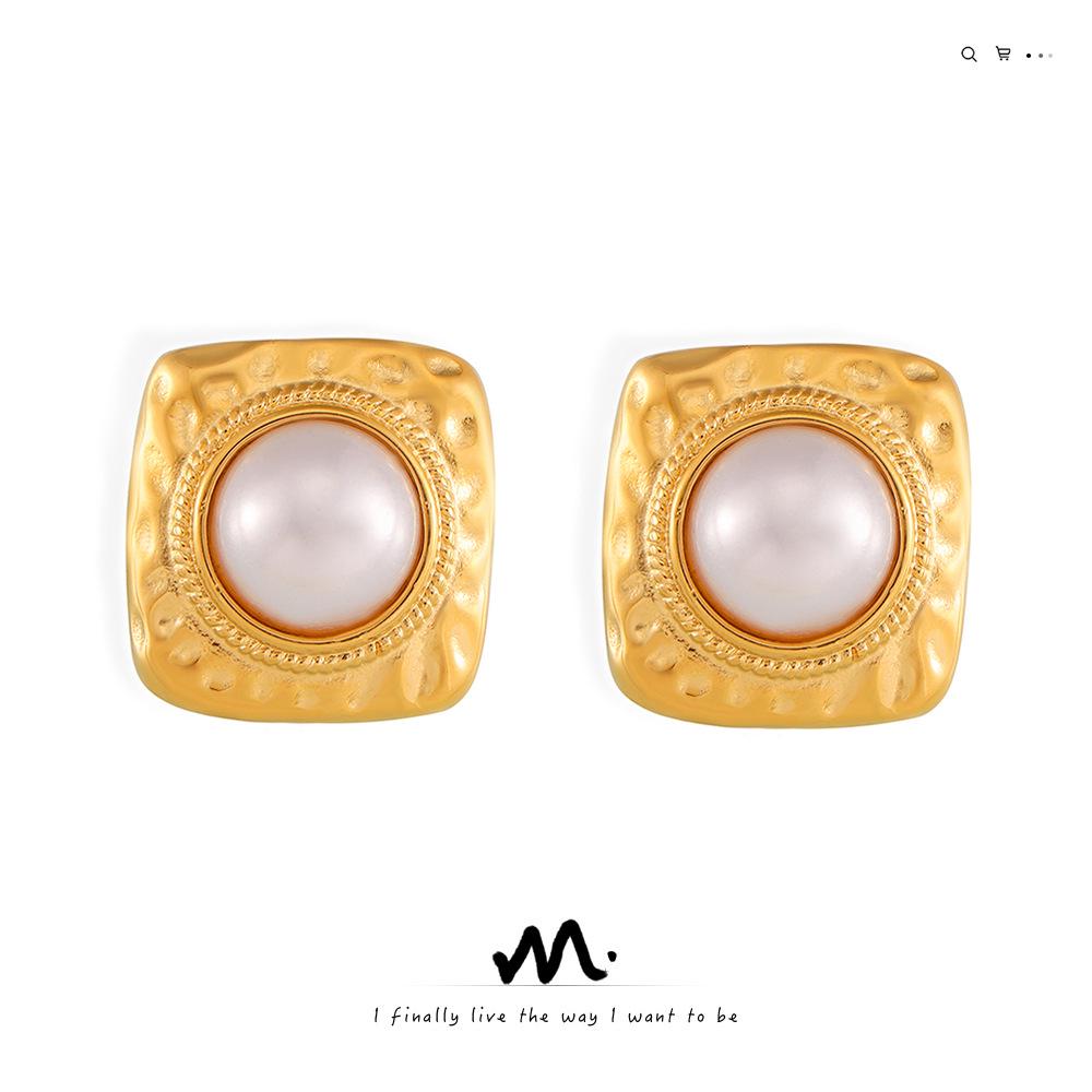 

French Retro Square Lava Faux Pearl Stud Earrings in 18k Gold-Plated Titanium