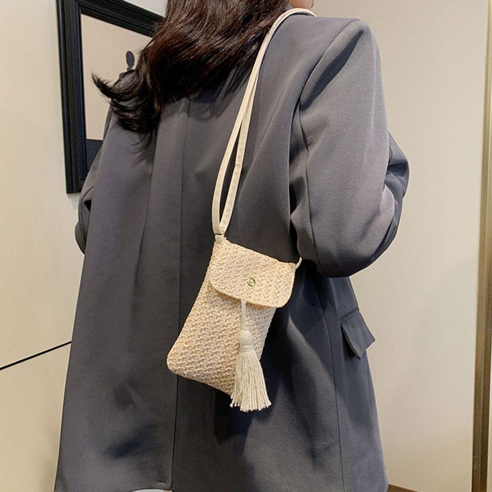 

Elegant Woman Phone Pouch Weaving Crossbody Bucket Bag Portable Straw Woven Handbag Travel хакі