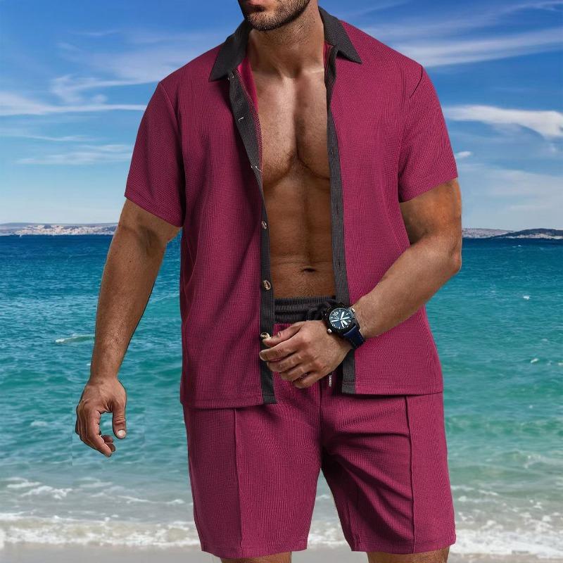 Mens Casual Color Block Breathable Thin Beach Shirt Shorts Set